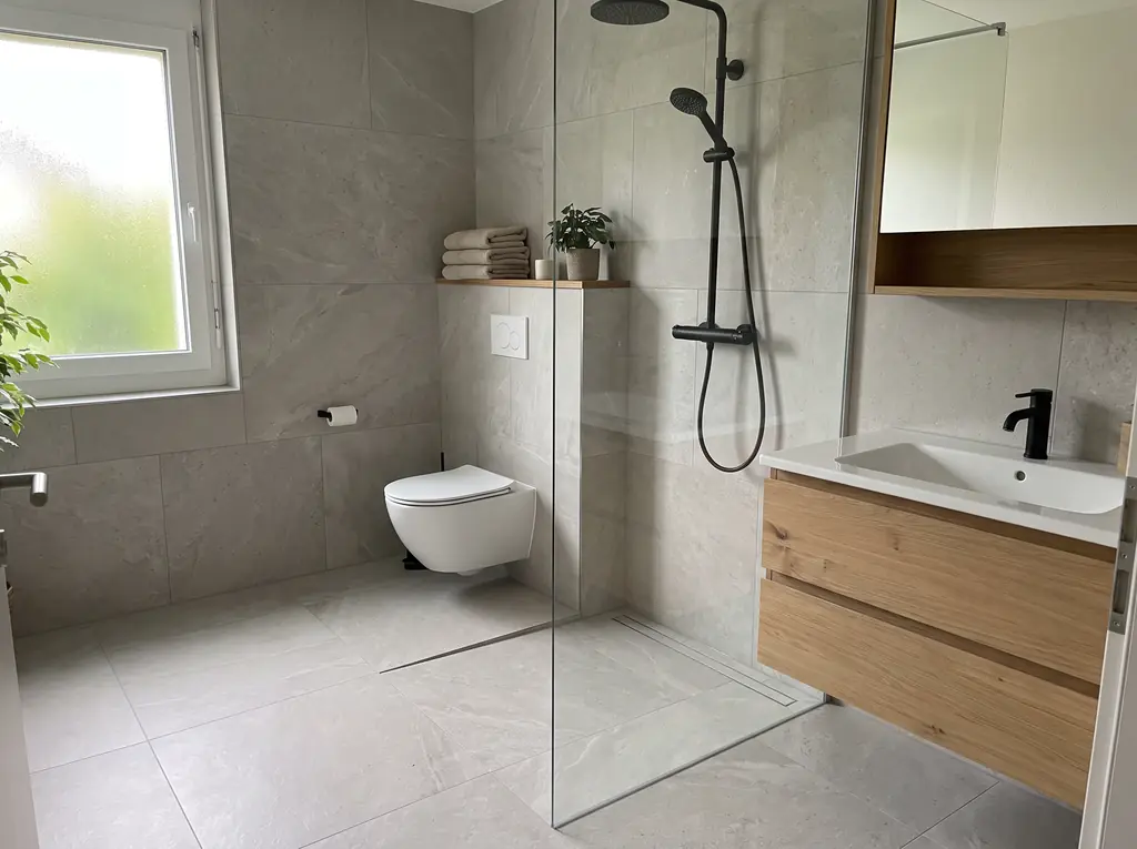 Helles Bad mit bodenebener Dusche, Wand-WC und Lavabo auf einem Holzmöbel