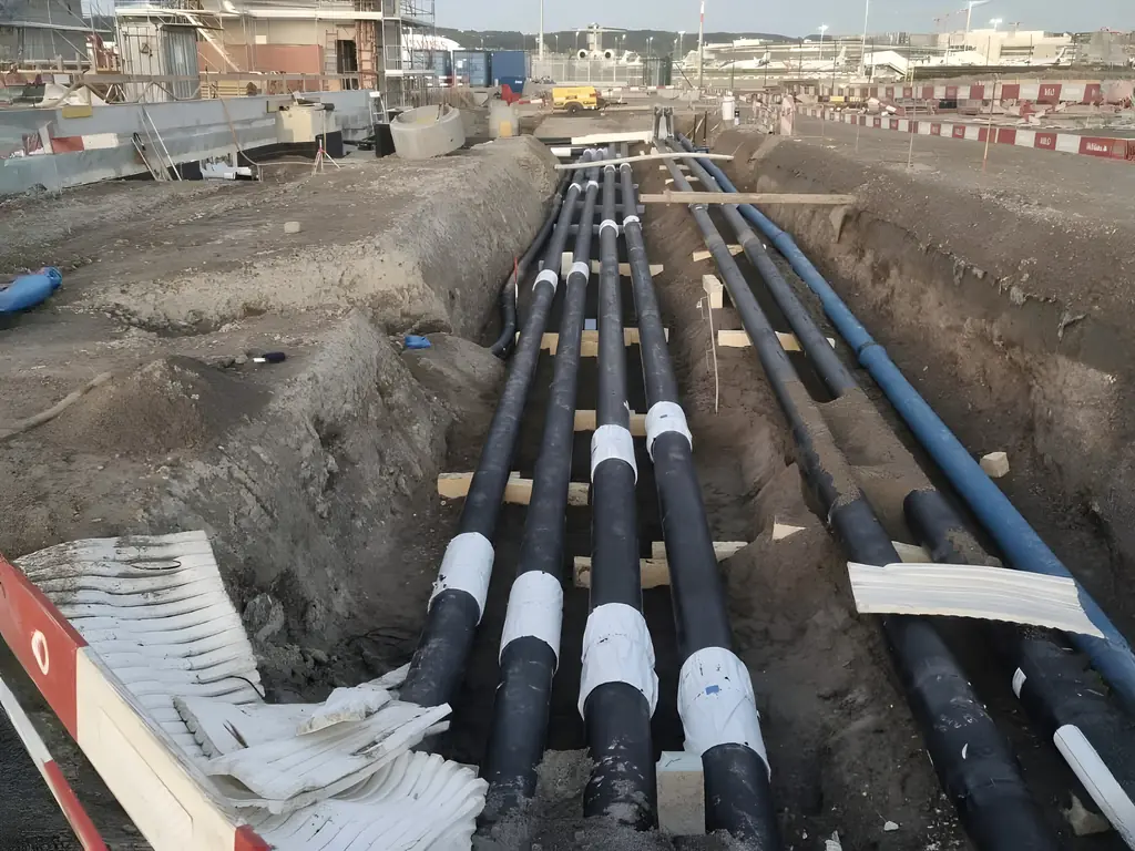 Vorisolierte Leitungen in einem Graben auf einer Baustelle