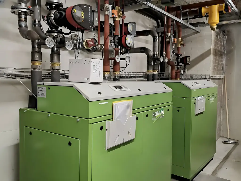 Zwei Heizkessel mit Verteilung und Pumpen