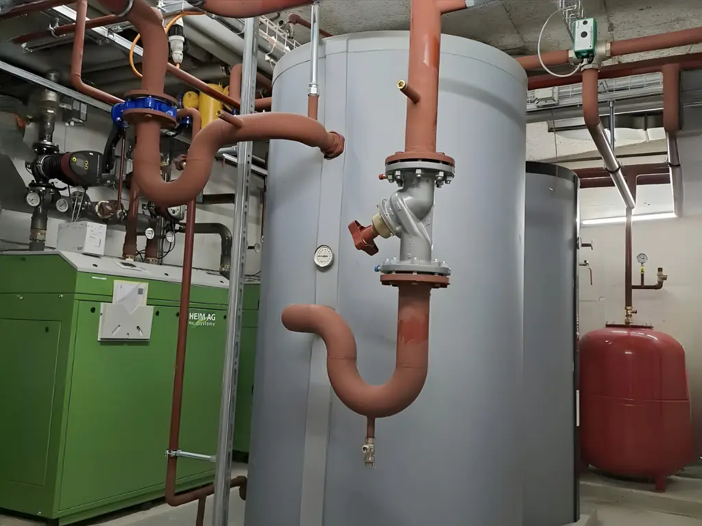 Heizzentrale mit Speicher, Heizkesseln und Verteilleitungen