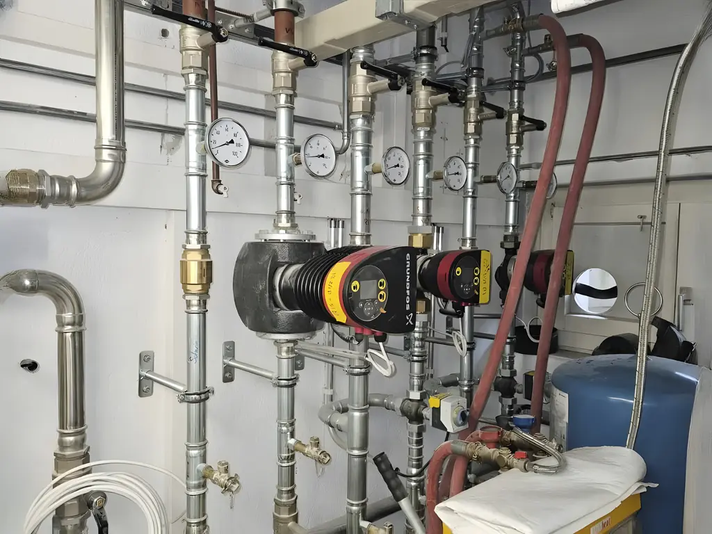 Pumpe, Manometer und Leitungen in einem Heizungsraum